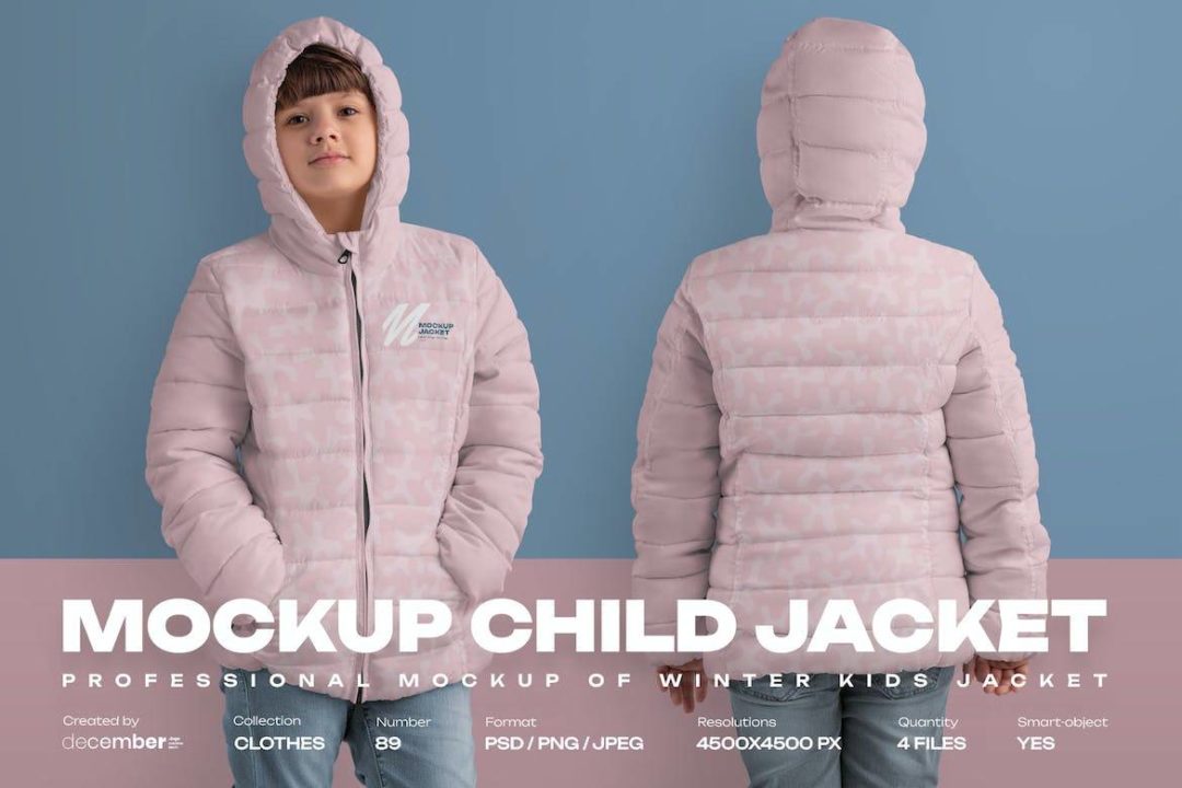 4款时尚儿童夹克棉服羽绒服设计展示贴图效果图PSD样机模板 4 Mockups of a Kids Jacket - —