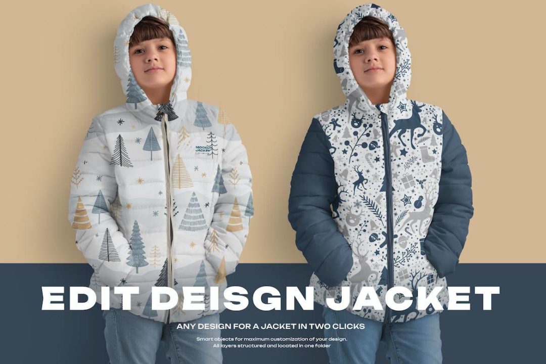 4款时尚儿童夹克棉服羽绒服设计展示贴图效果图PSD样机模板 4 Mockups of a Kids Jacket - —