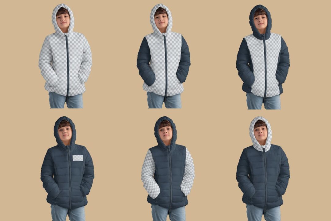 4款时尚儿童夹克棉服羽绒服设计展示贴图效果图PSD样机模板 4 Mockups of a Kids Jacket - —