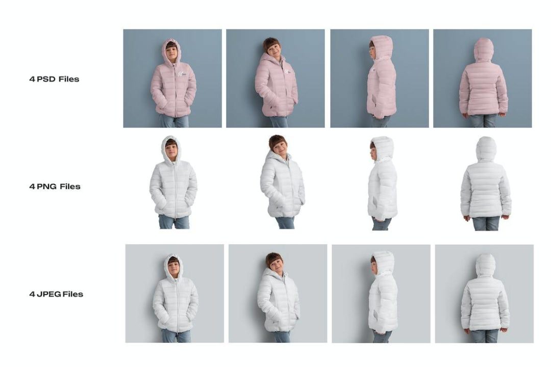 4款时尚儿童夹克棉服羽绒服设计展示贴图效果图PSD样机模板 4 Mockups of a Kids Jacket - —