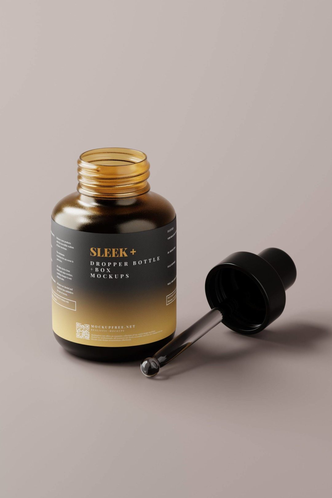 逼真化妆品药物滴管瓶包装盒设计展示效果图PSD样机模板 Sleek Cosmetic Dropper Bottle Packaging with Box Mockups - —