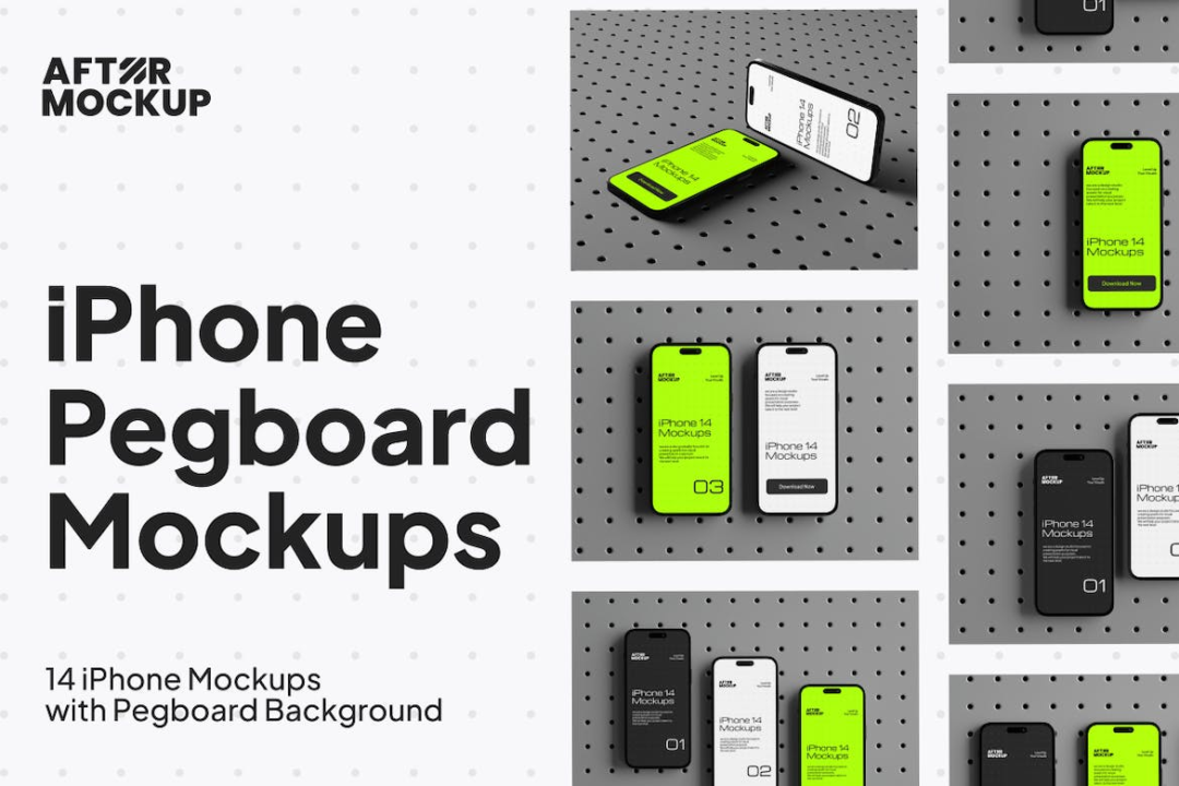 14款工业风带钉板背景苹果iPhone 15 Pro手机屏幕演示贴图PSD样机模板 iPhone Pegboard Mockups - —