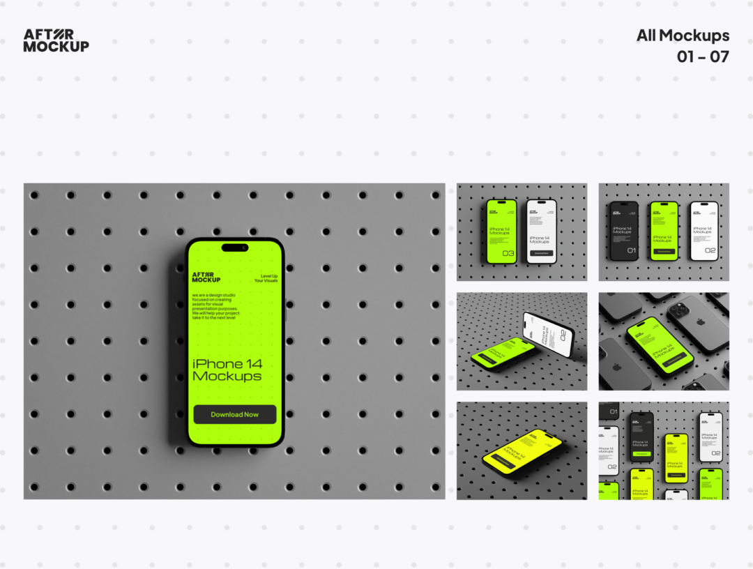 14款工业风带钉板背景苹果iPhone 15 Pro手机屏幕演示贴图PSD样机模板 iPhone Pegboard Mockups - —