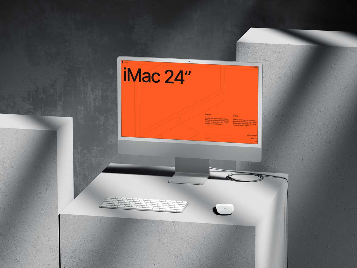 16款工业风混凝土背景苹果iMac 24寸一体机电脑屏幕演示PSD样机模板 G-Mockups: iMac 24 Inch - —