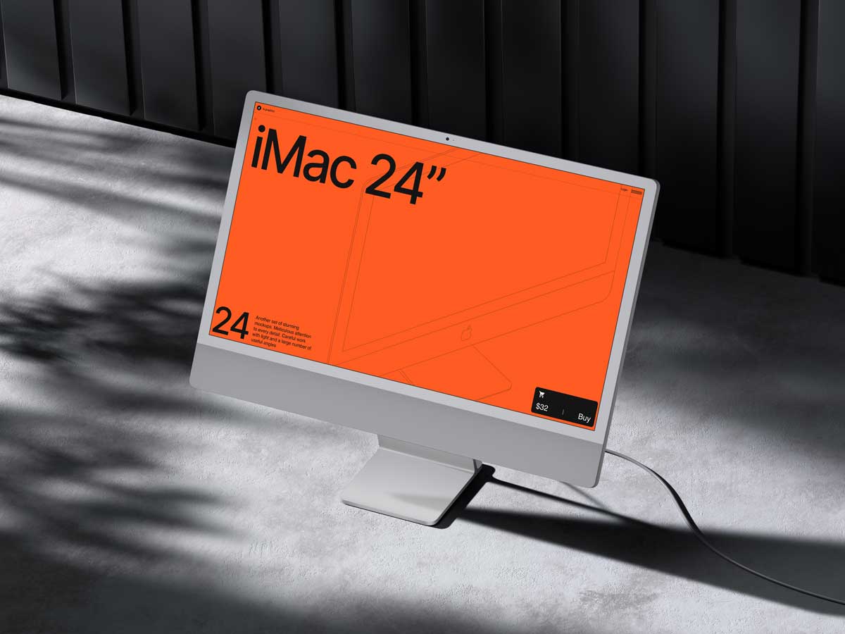 16款工业风混凝土背景苹果iMac 24寸一体机电脑屏幕演示PSD样机模板 G-Mockups: iMac 24 Inch - —