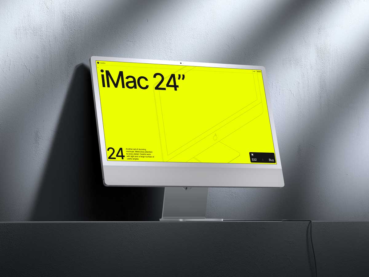 16款工业风混凝土背景苹果iMac 24寸一体机电脑屏幕演示PSD样机模板 G-Mockups: iMac 24 Inch - —