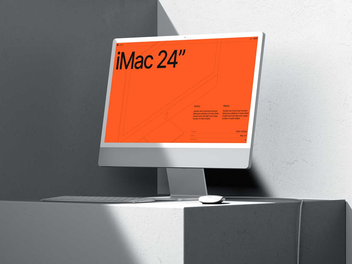 16款工业风混凝土背景苹果iMac 24寸一体机电脑屏幕演示PSD样机模板 G-Mockups: iMac 24 Inch - —