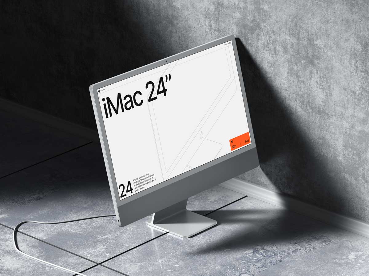 16款工业风混凝土背景苹果iMac 24寸一体机电脑屏幕演示PSD样机模板 G-Mockups: iMac 24 Inch - —