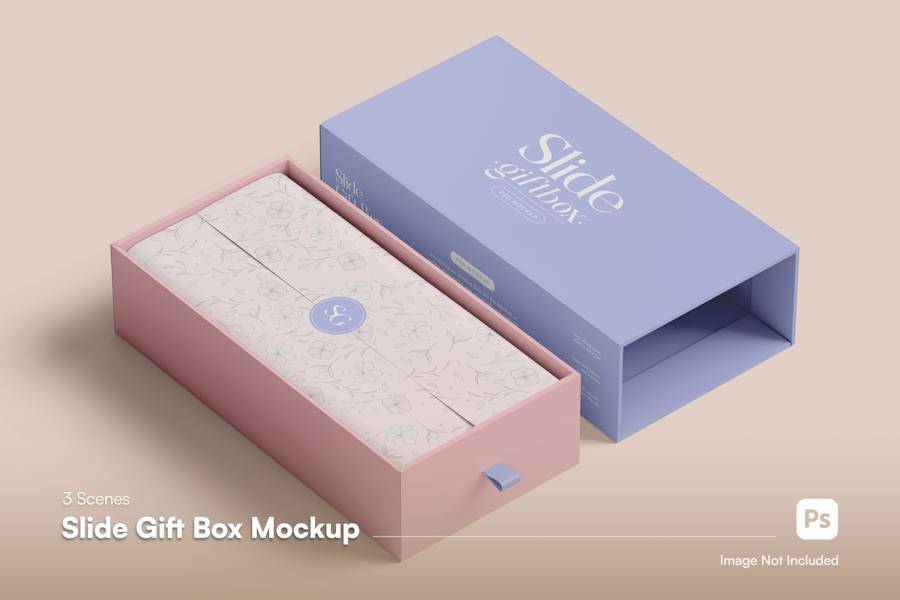 逼真抽拉式礼品礼物包装纸盒设计展示效果图PSD样机模板 Gift Box Mockup - —