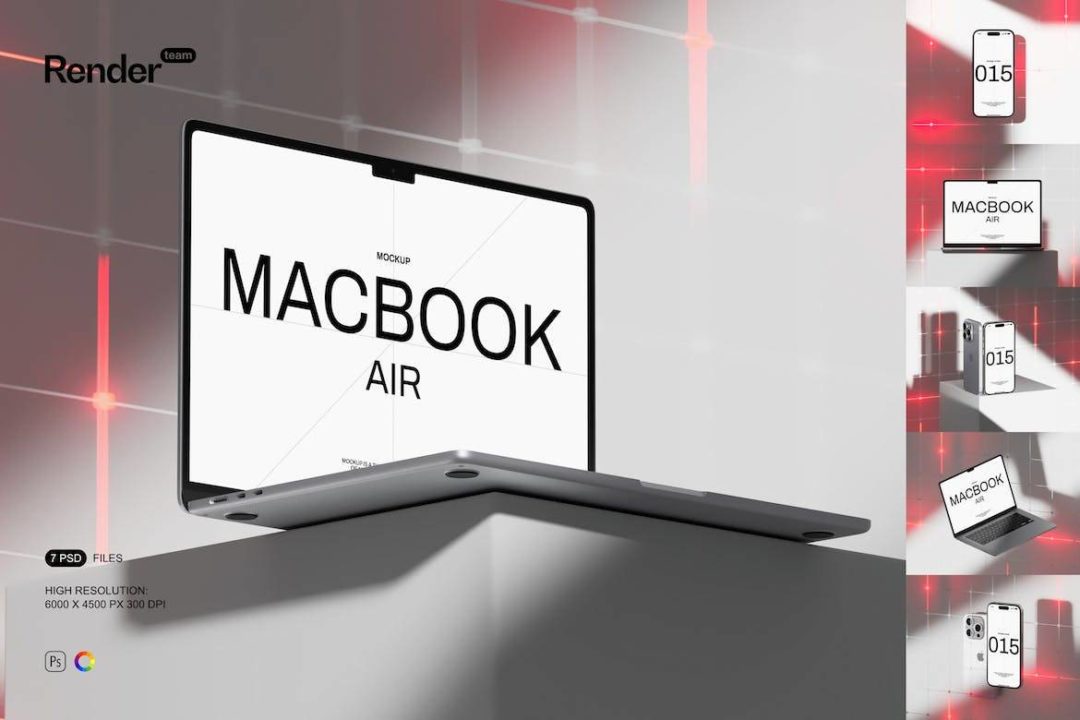 7款工业风霓虹效果苹果iPhone 15手机MacBook笔记本电脑PSD样机模板合集 MacBook and iPhone Mockup Set - —