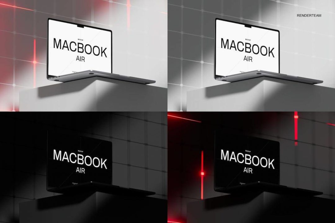 7款工业风霓虹效果苹果iPhone 15手机MacBook笔记本电脑PSD样机模板合集 MacBook and iPhone Mockup Set - —