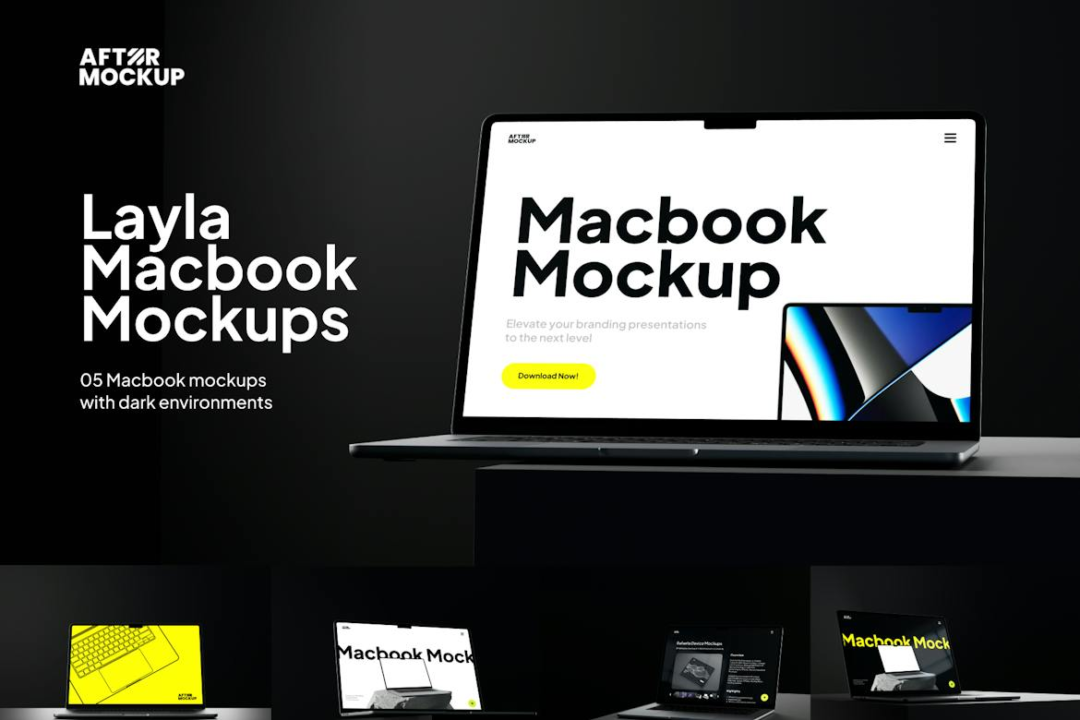 5款工业风暗黑苹果MacBook笔记本电脑屏幕演示贴图效果图PSD样机模板 Layla Macbook Mockups - —