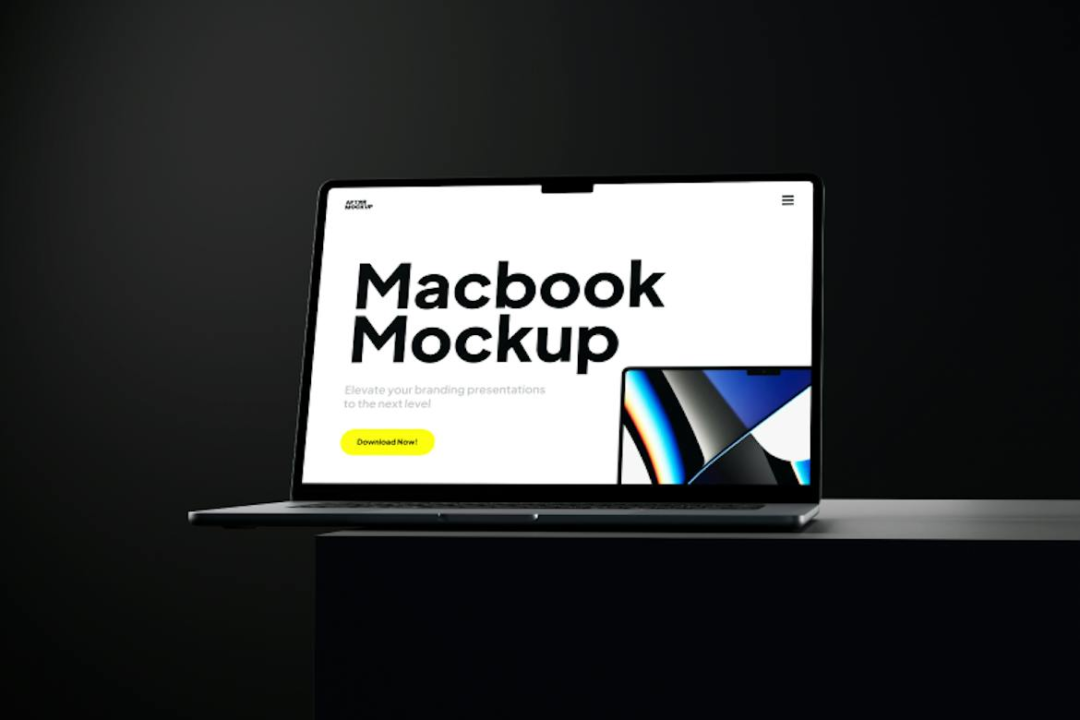 5款工业风暗黑苹果MacBook笔记本电脑屏幕演示贴图效果图PSD样机模板 Layla Macbook Mockups - —