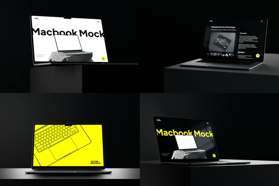 5款工业风暗黑苹果MacBook笔记本电脑屏幕演示贴图效果图PSD样机模板 Layla Macbook Mockups - —