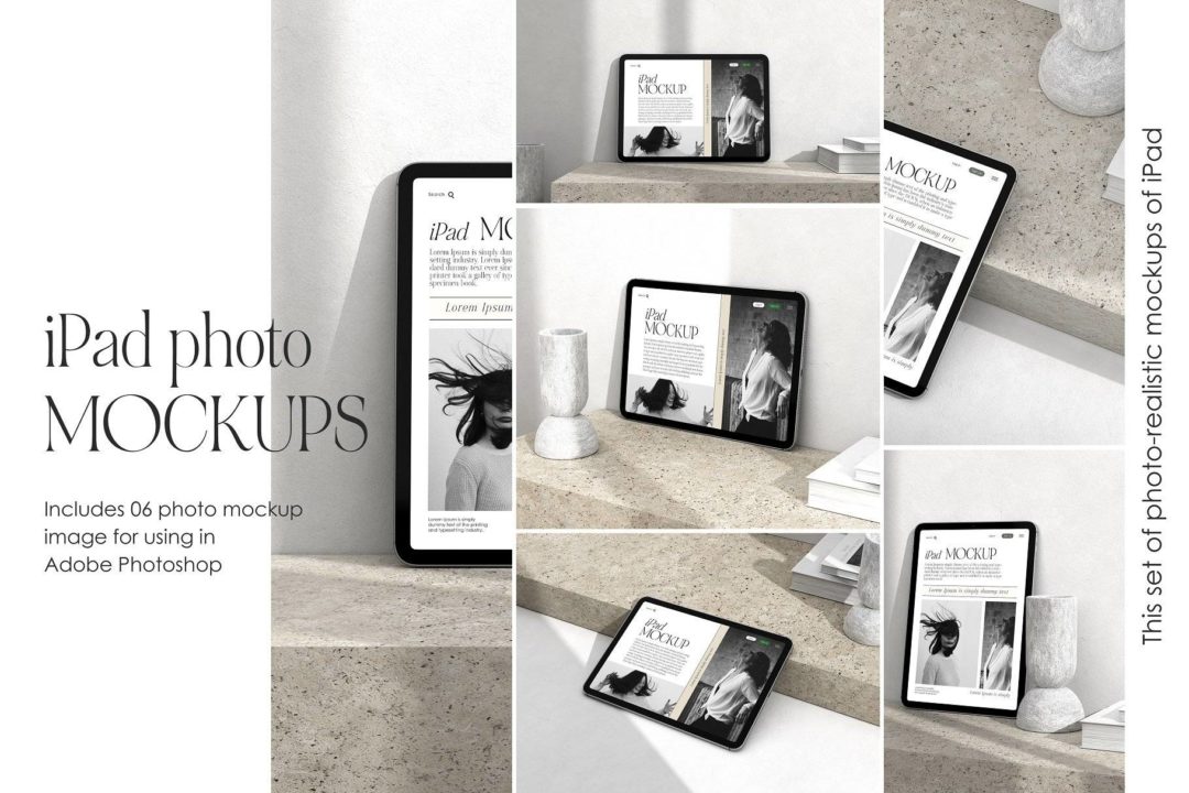 6款时尚苹果iPad Pro平板电脑屏幕演示贴图PSD样机模板 iPad photo mockups - —