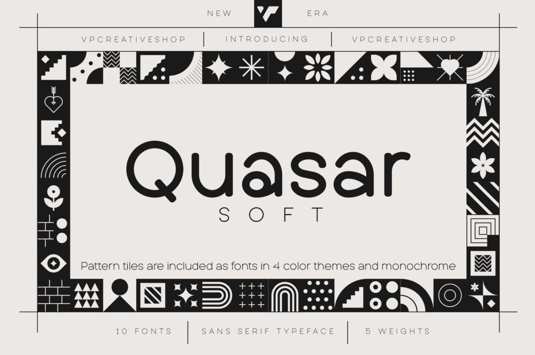 现代美学俏皮马赛克瓷砖拼凑无缝隙图案&amp;圆润英文字体安装包 Quasar Soft typeface - 15 fonts - —