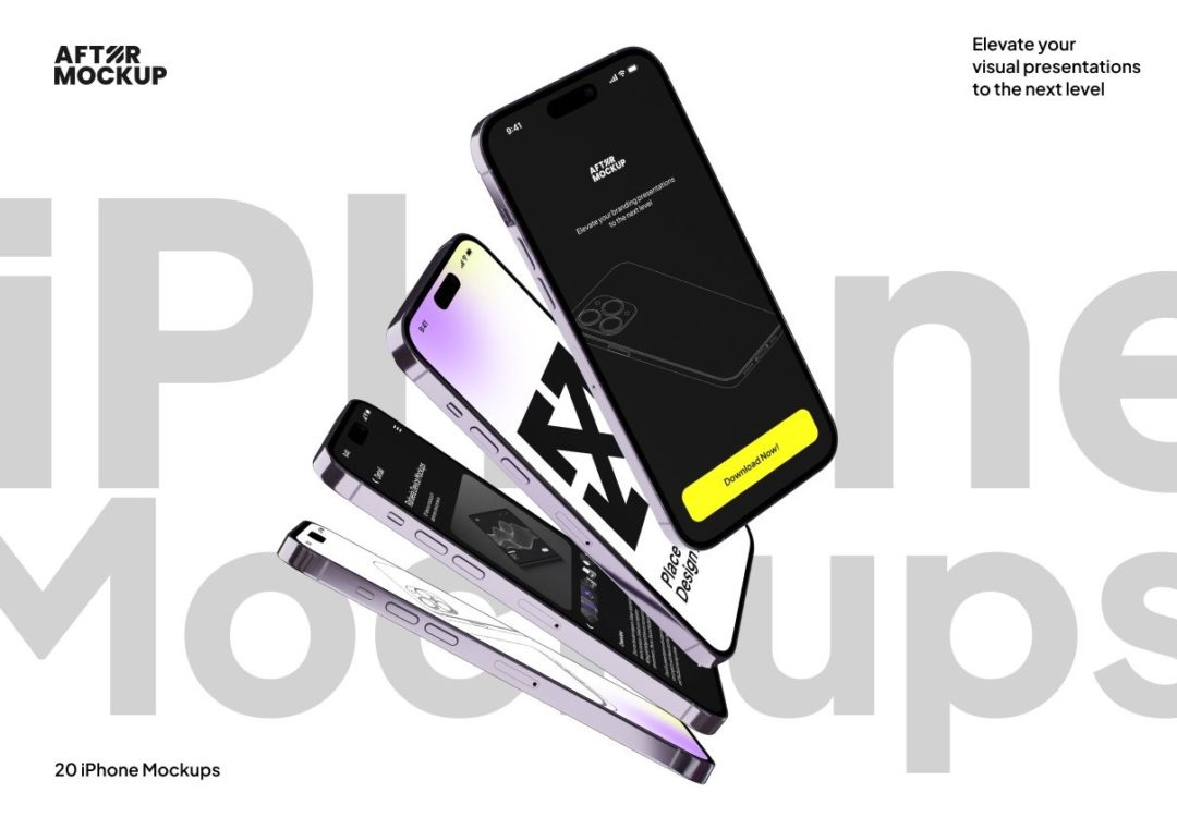 20款垂直悬浮苹果iPhone 15 Pro手机屏幕演示贴图PSD样机模板 iPhone Vertical Mockups - —