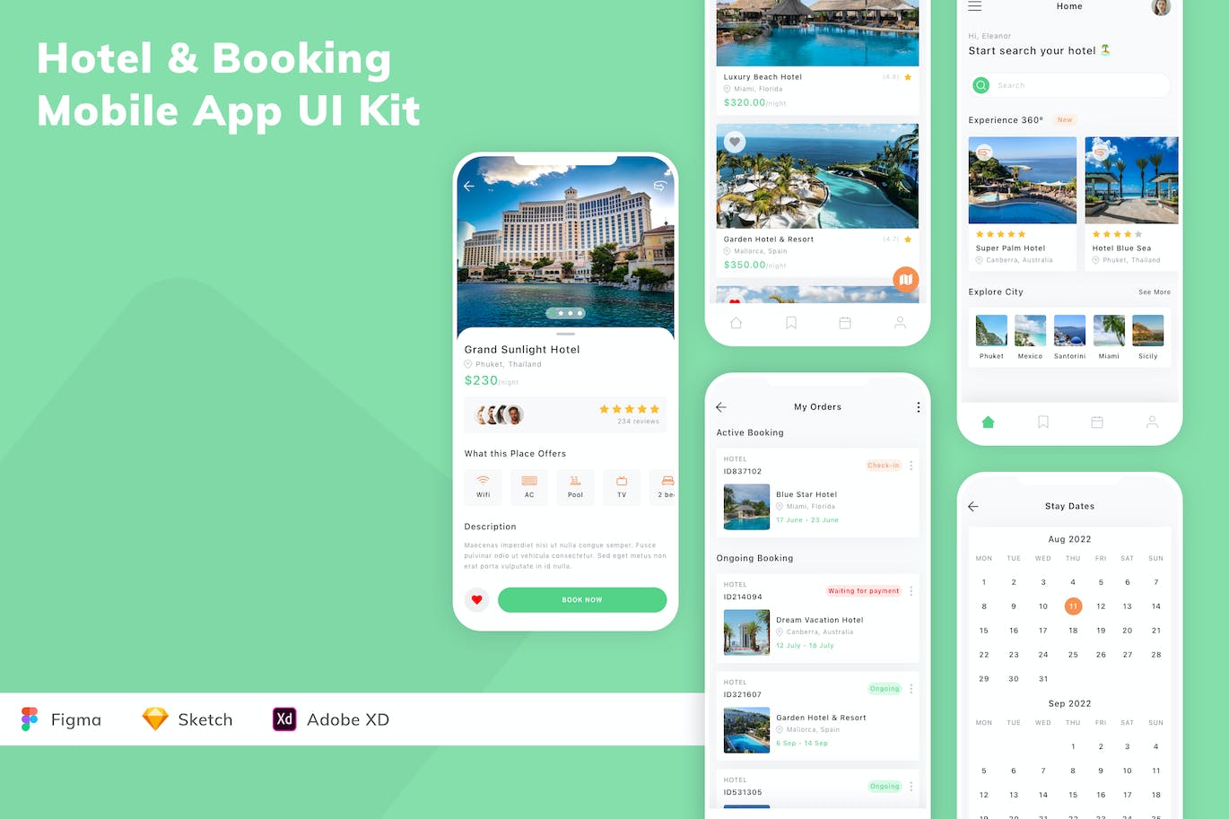 酒店和预订移动应用程序 UI 套件 Hotel &amp; Booking Mobile App UI Kit