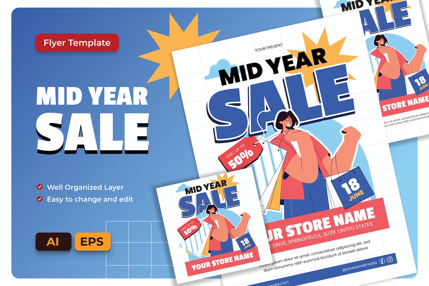 年中销售海报设计 Mid Year Sale Flyer AI &amp; EPS Template