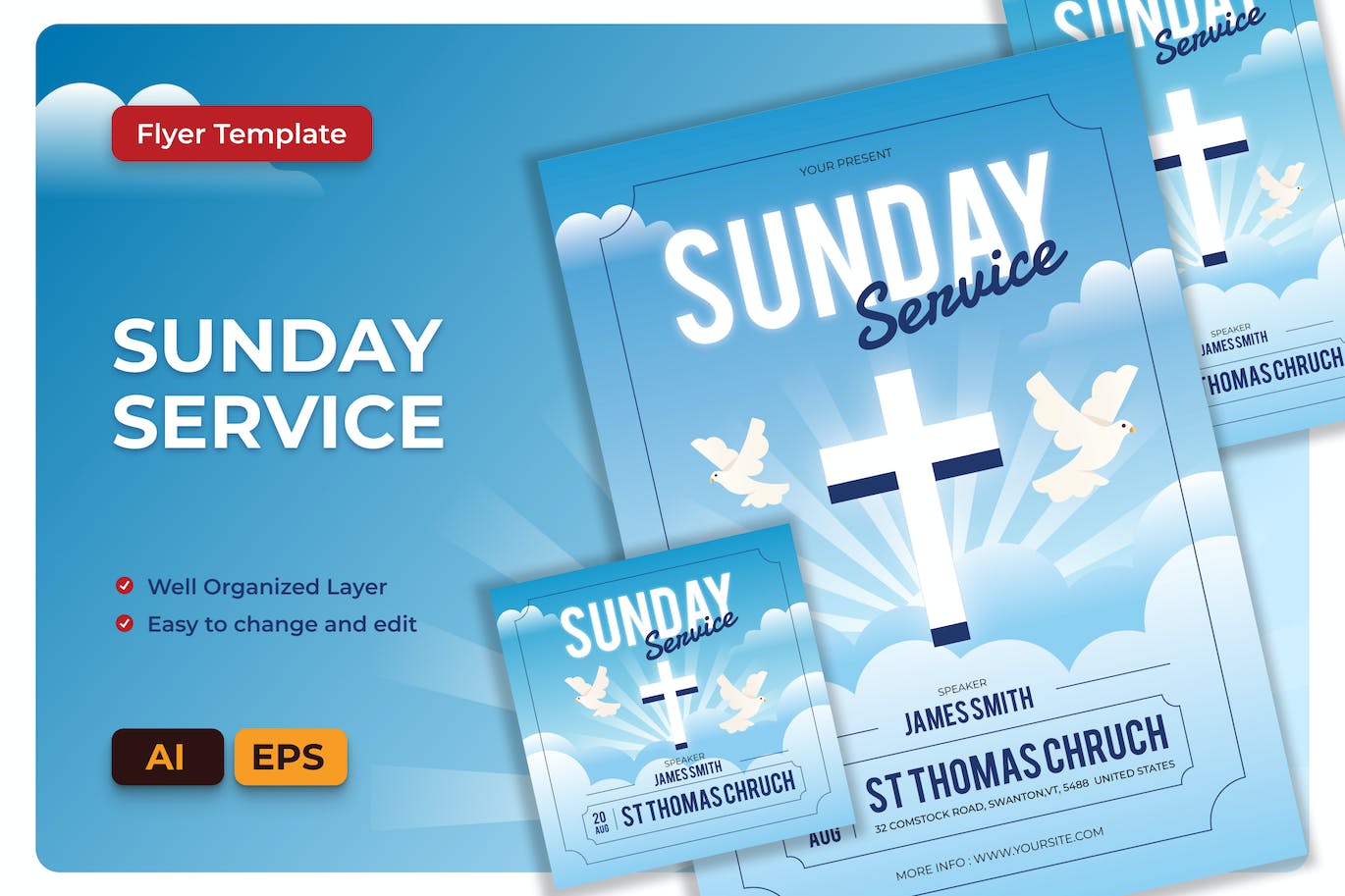 周日服务海报传单设计模板 Sunday Service Flyer AI &amp; EPS Template