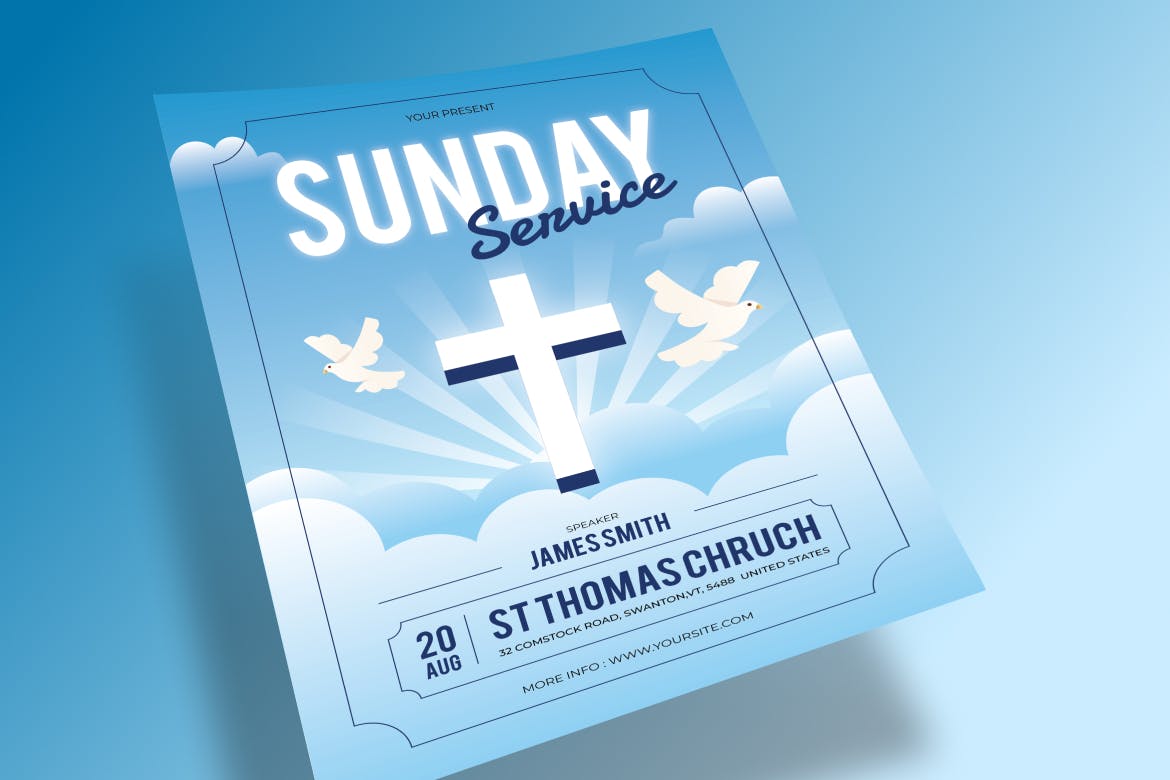 周日服务海报传单设计模板 Sunday Service Flyer AI &amp; EPS Template