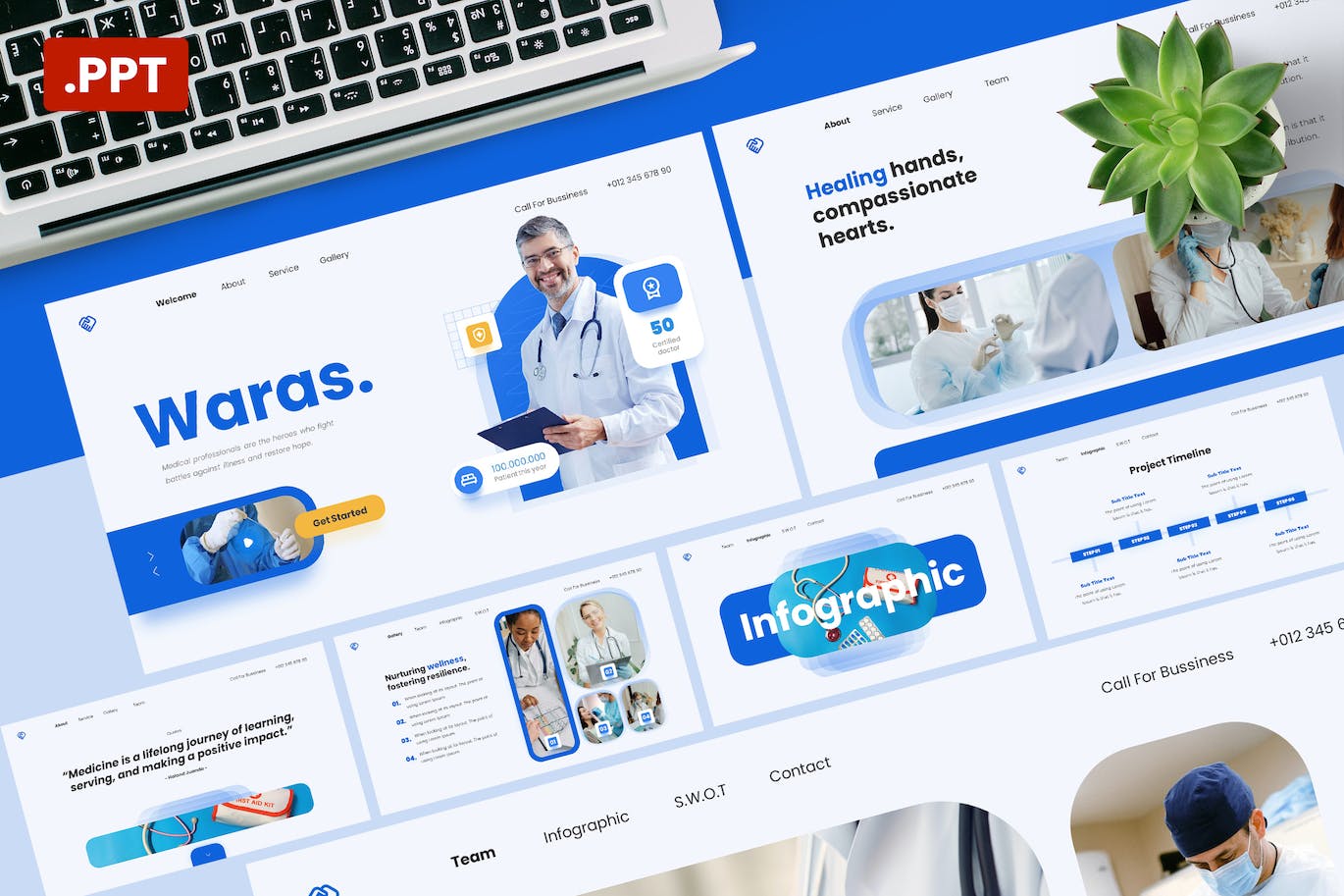 健康护航与医疗科技PPT演示文稿 Waras &#8211; Medical Powerpoint Presentation Template