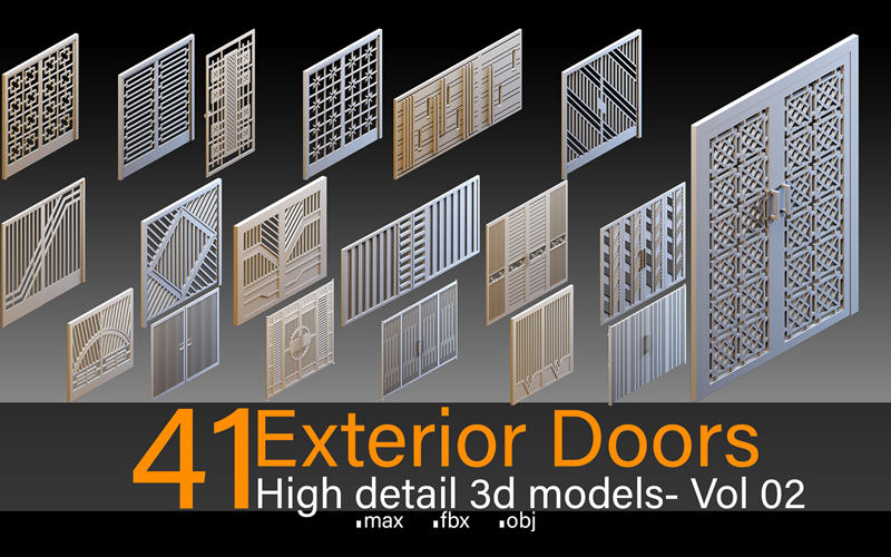 C4D高细节外门大门3D模型房门建筑大门镂空房门围墙大门基础白模_
