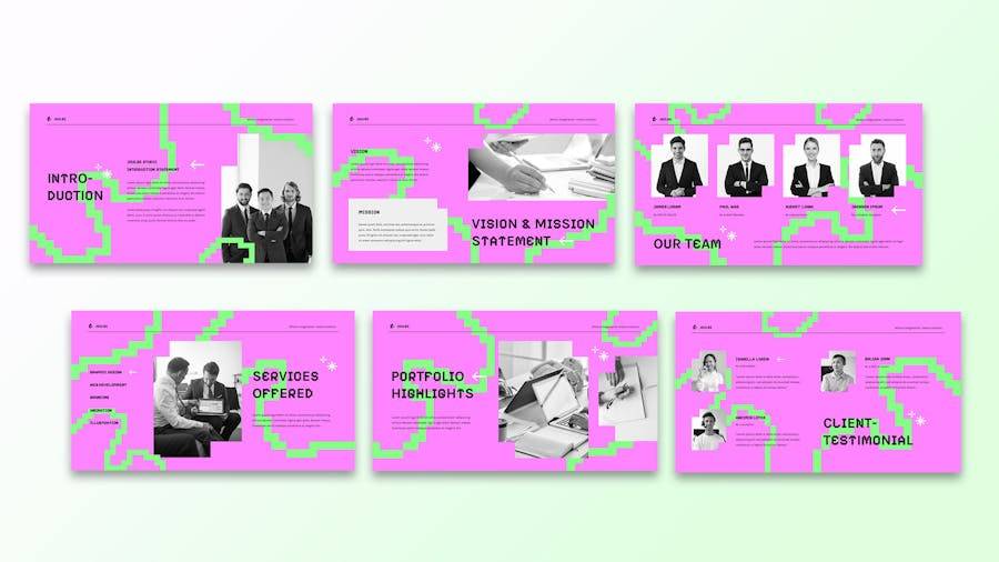 粉色系创意企业营销策划演示文稿设计ppt模板 Pink Green Creative Studio Pitch Deck 002 - —