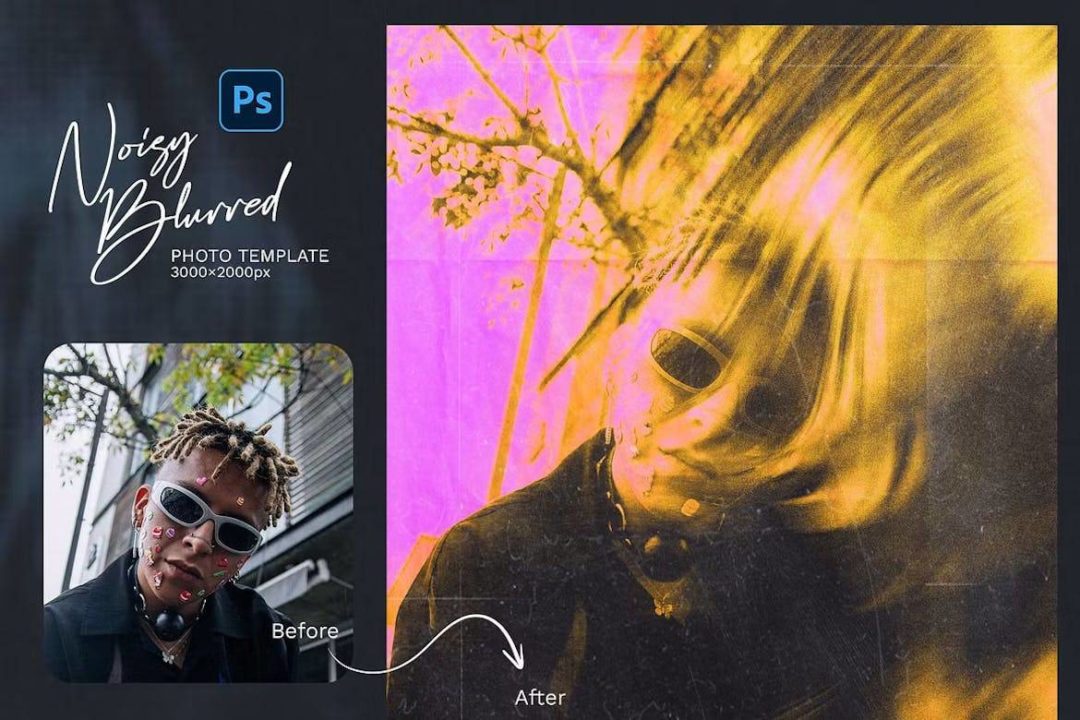 潮流前卫噪点颗粒纹理模糊效果人像图片修图PS特效滤镜插件样机模板 Noisy Blurred Photo Template - —