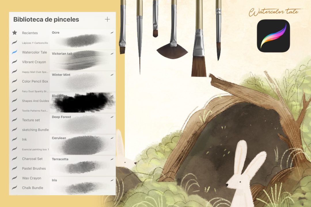 20款卡通儿童插图风格水彩绘画iPad Procreate笔刷设计素材 Watercolor Tale Brushes for Procreate - —