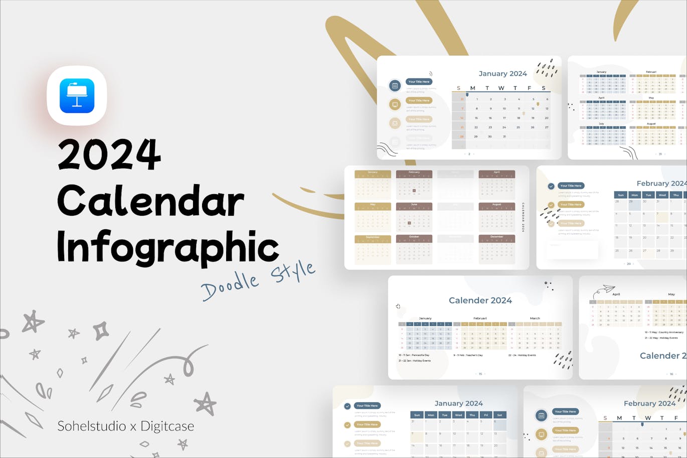 2024 年日历信息图表涂鸦风格Keynote创意模板 2024 Calendar Infographic Doodle Style &#8211; Keynote