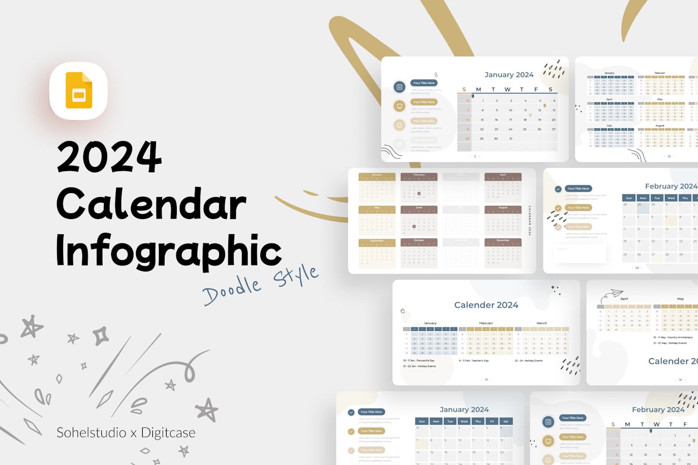 2024年日历信息图表涂鸦风格谷歌幻灯片演示文稿模板 Doodle 2024 Calendar Infographic Google Slide