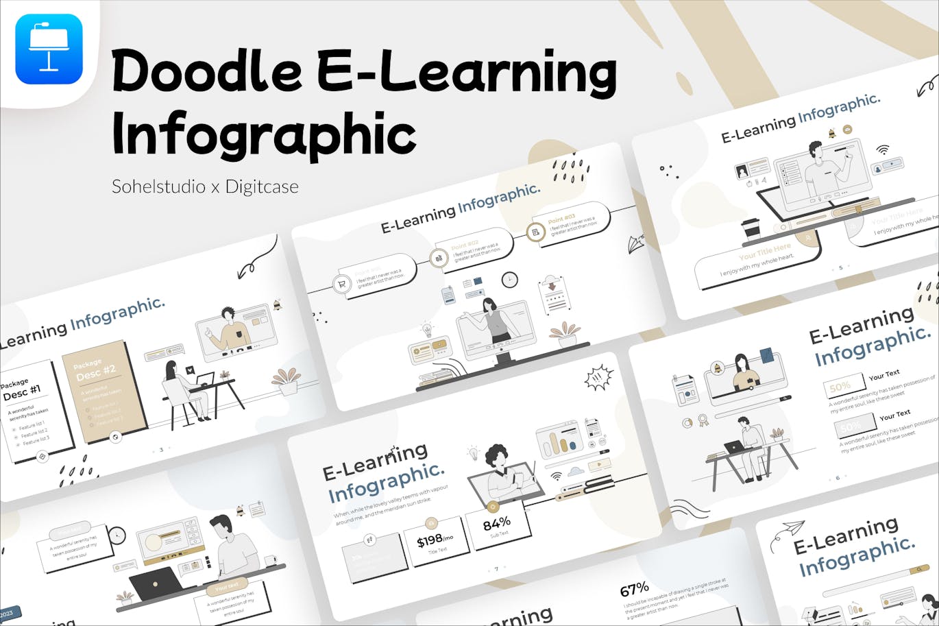 电子学习信息图表涂鸦风格Keynote幻灯片创意模板 E-Learning Infographic Doodle Style &#8211; Keynote