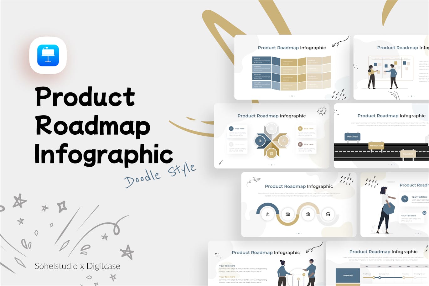 涂鸦风格产品路线图信息图Keynote幻灯片模板下载 Doodle Product Roadmap Infographic &#8211; Keynote