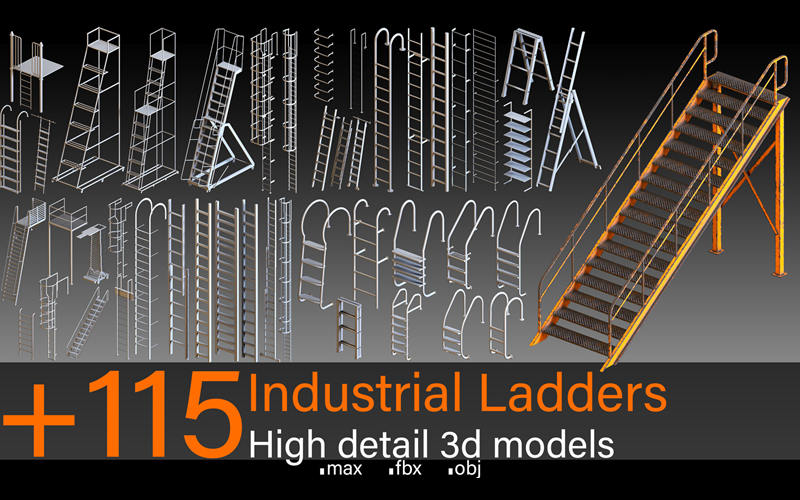 C4D工业梯子楼梯建筑3D模型室外扶梯爬梯构件楼梯道具基础白模_