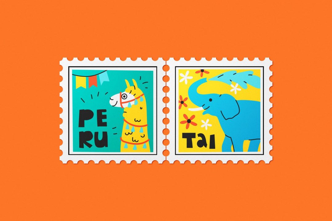 5款方形邮票印花图案设计展示效果图PS智能贴图样机模板素材 Square Stamps Mockup Set - —