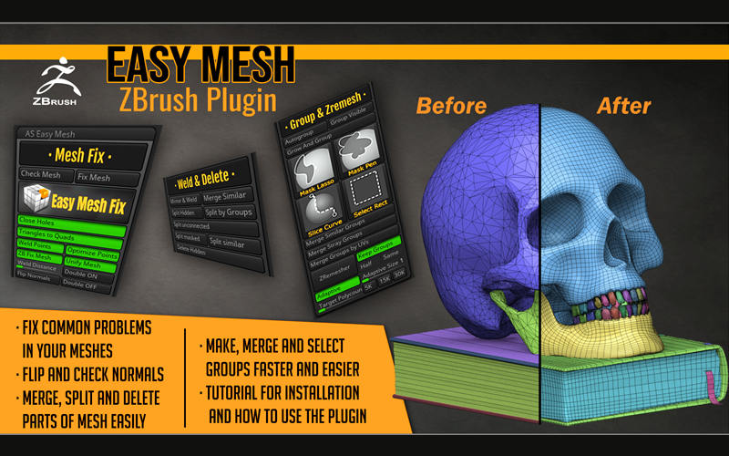 ZBrush快速修复优化重组3D网格插件合并拆分删除网格雕刻zb插件_