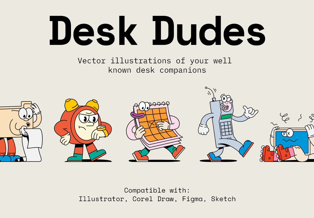 50款有趣办公桌情侣矢量插图设计素材 Desk Dudes - illustration pack - —