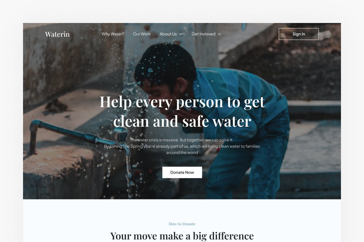 水资源慈善网站着陆页模板 Waterin &#8211; Water Charity Landing Page