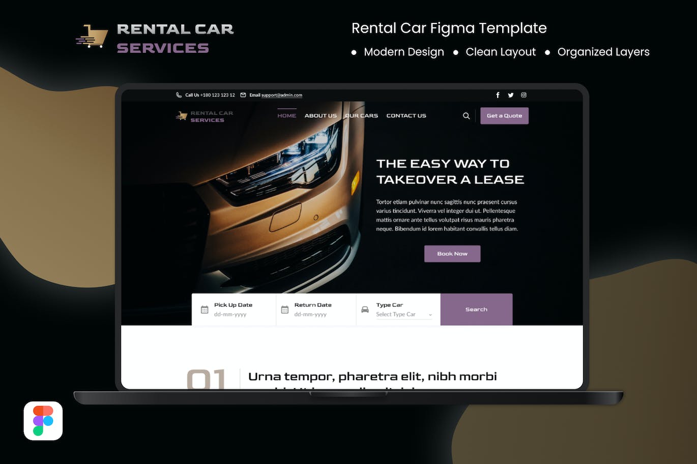 租车服务网站着陆页Figma模板 Rental Car Service Figma Landing Page