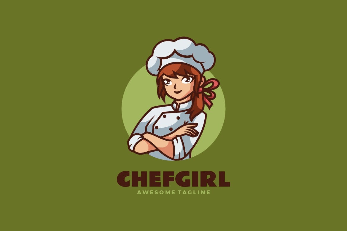 厨师女孩吉祥物卡通标志模板 Chef Girl Mascot Cartoon Logo