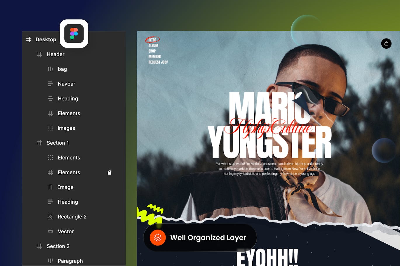 歌手音乐家作品集网站着陆页设计UI模板 Mario &#8211; Rapper Musician Portfolio Landing Page