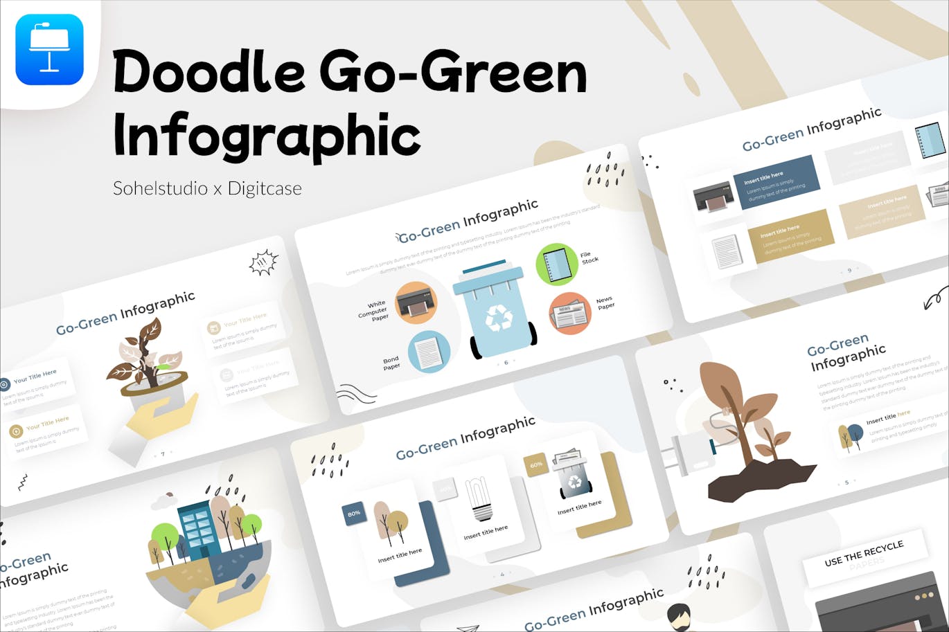 走向绿色信息图表涂鸦风格Keynote幻灯片模板素材 Go-Green Infographic Doodle Style &#8211; Keynote