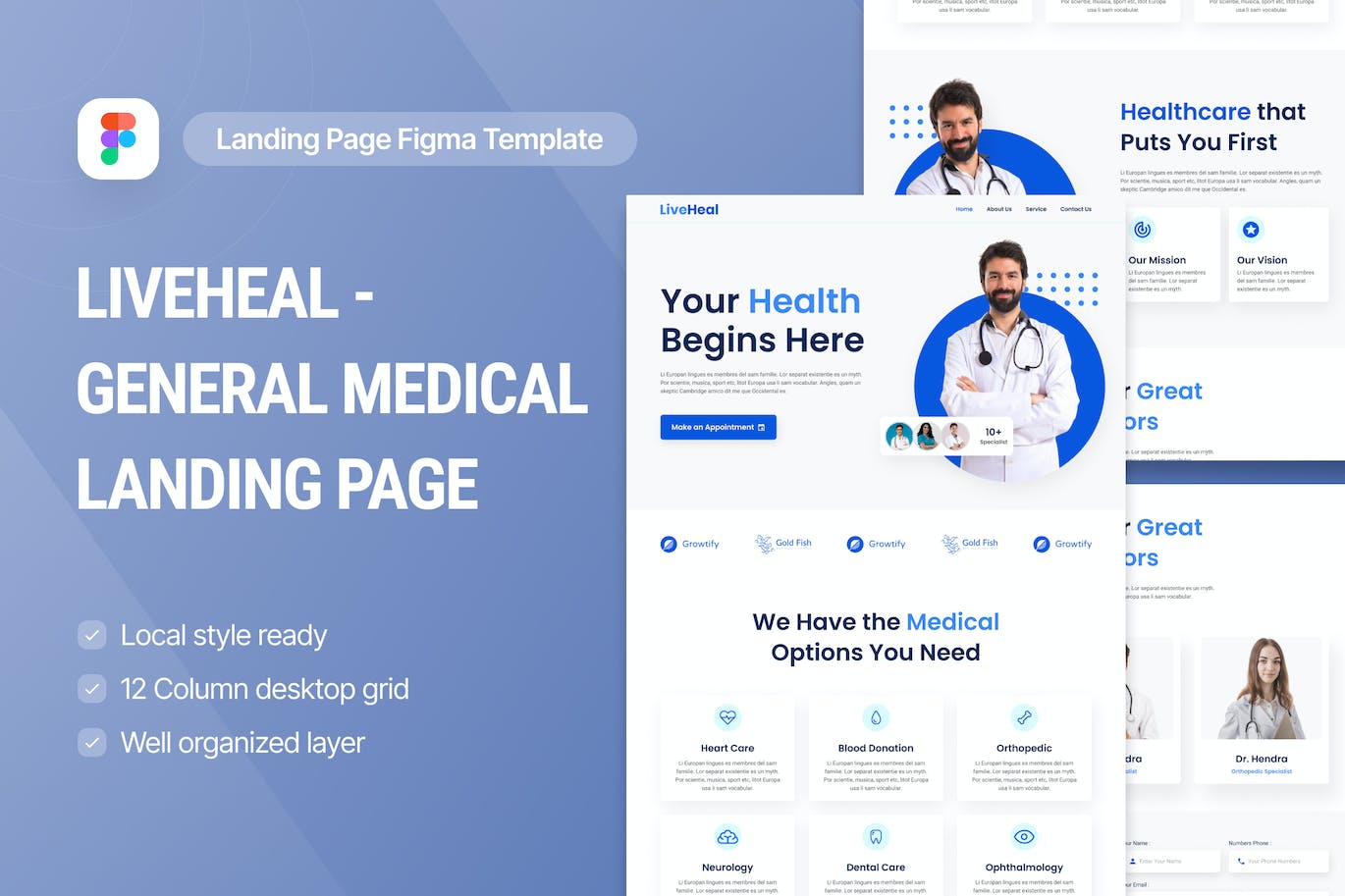 普通医疗网站设计着陆页UI模板 LiveHeal General Medical Landing Page Figma