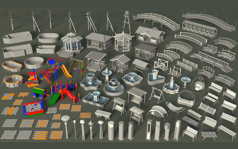 Blender公园建筑喷泉长凳3D模型游乐场桥梁电塔秋千路砖基础白模_