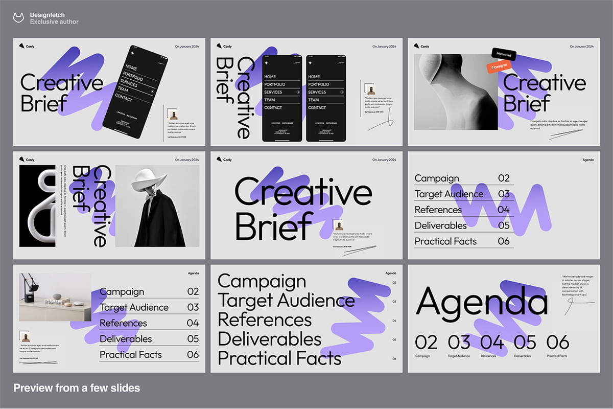 40+现代动态独特极简艺术品牌VI手册艺术PPT幻灯片演示文稿 Creative brief template – Conly（10320） -