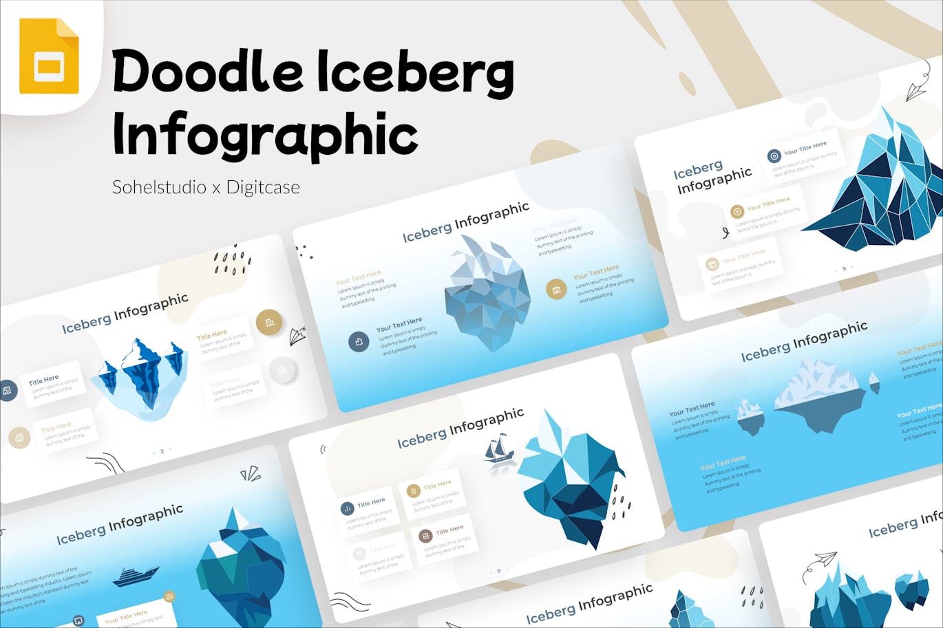 冰山信息图表涂鸦风格谷歌幻灯片模板 Iceberg Infographic Doodle Style &#8211; Google Slide