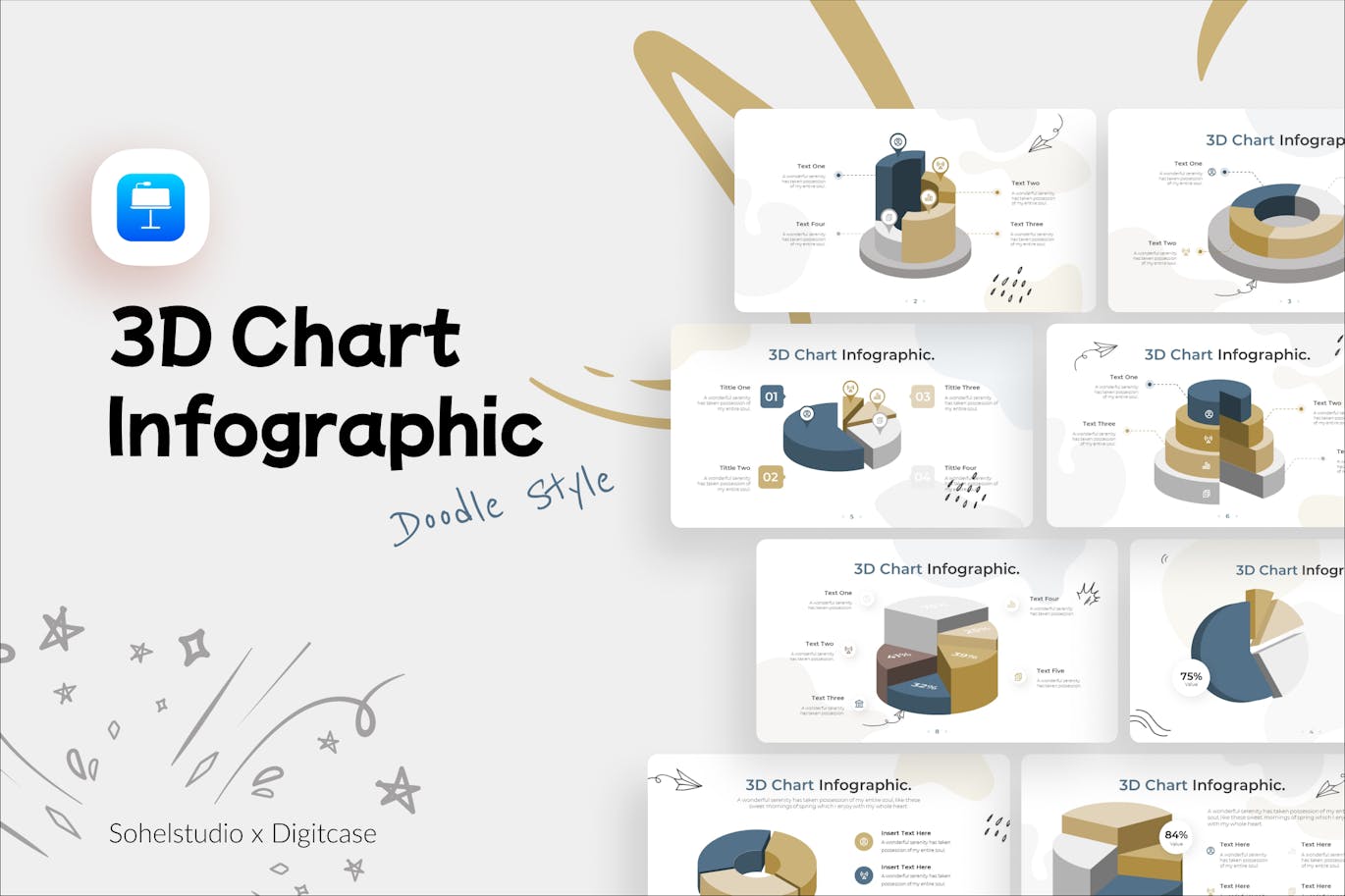 3D图表信息图表涂鸦风格Keynote幻灯片演示模板 3D Chart Infographic Doodle Style &#8211; Keynote