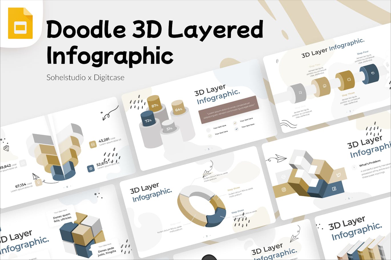 3D分层信息图表涂鸦风格谷歌幻灯片演示文稿模板 3D Layered Infographic Doodle Style &#8211; Google Slide