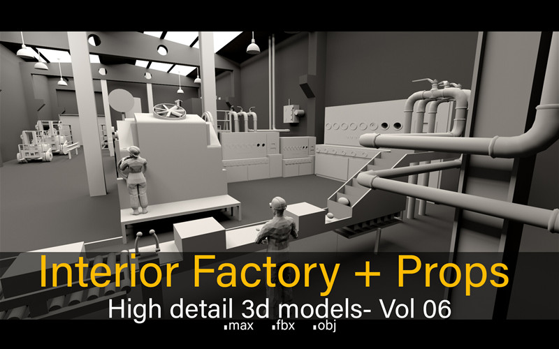 C4D高细节室内工厂3D模型工人角色叉车设备设施机器管道基础白模_